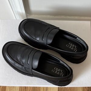 Franco Sarto Black Leather Penny Loafers with Lug Sole